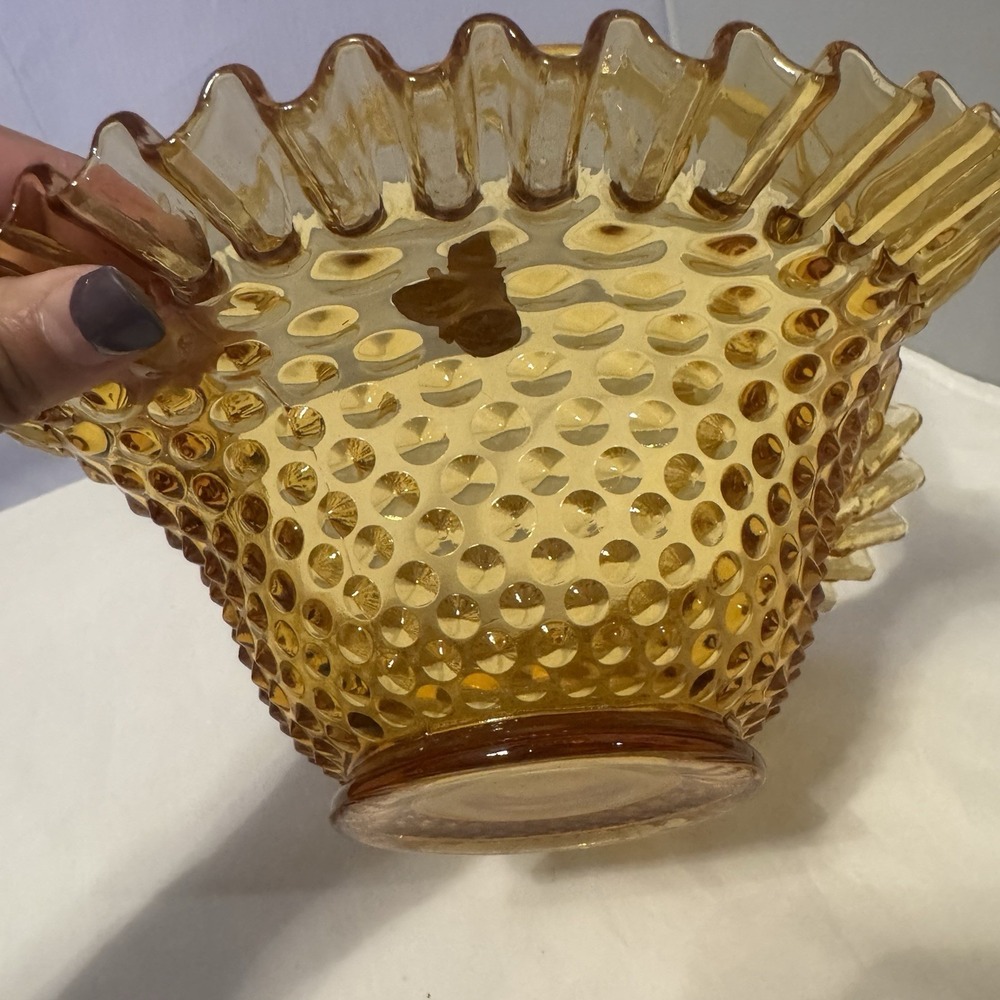 Vtg FENTON AMBER GLASS HOBNAIL RUFFLED EDGE BASKET CANDY DISH 9.5" Tall - Picture 9 of 13